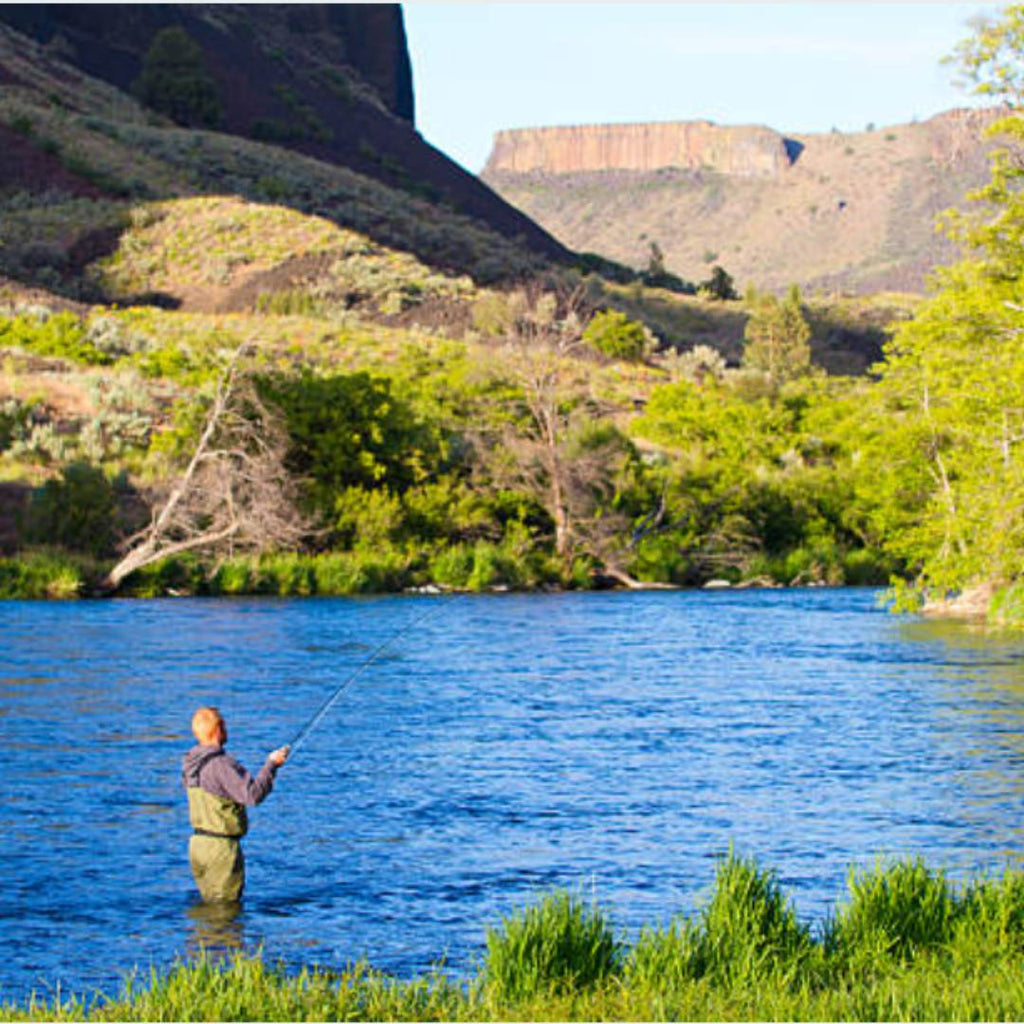 Deschutes River, Oregon scene, set on a river, with a man fly fishing in the foreground.