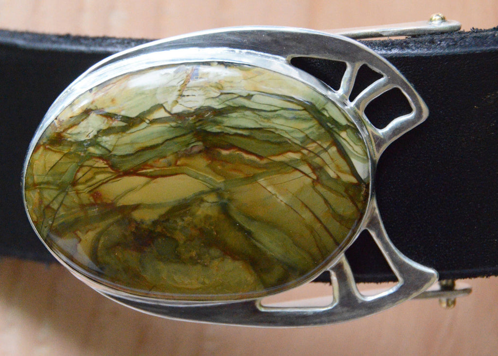 Beautiful silver belt buckle with a dramatic morrisonite jasper stone in  colorful greens and reds.